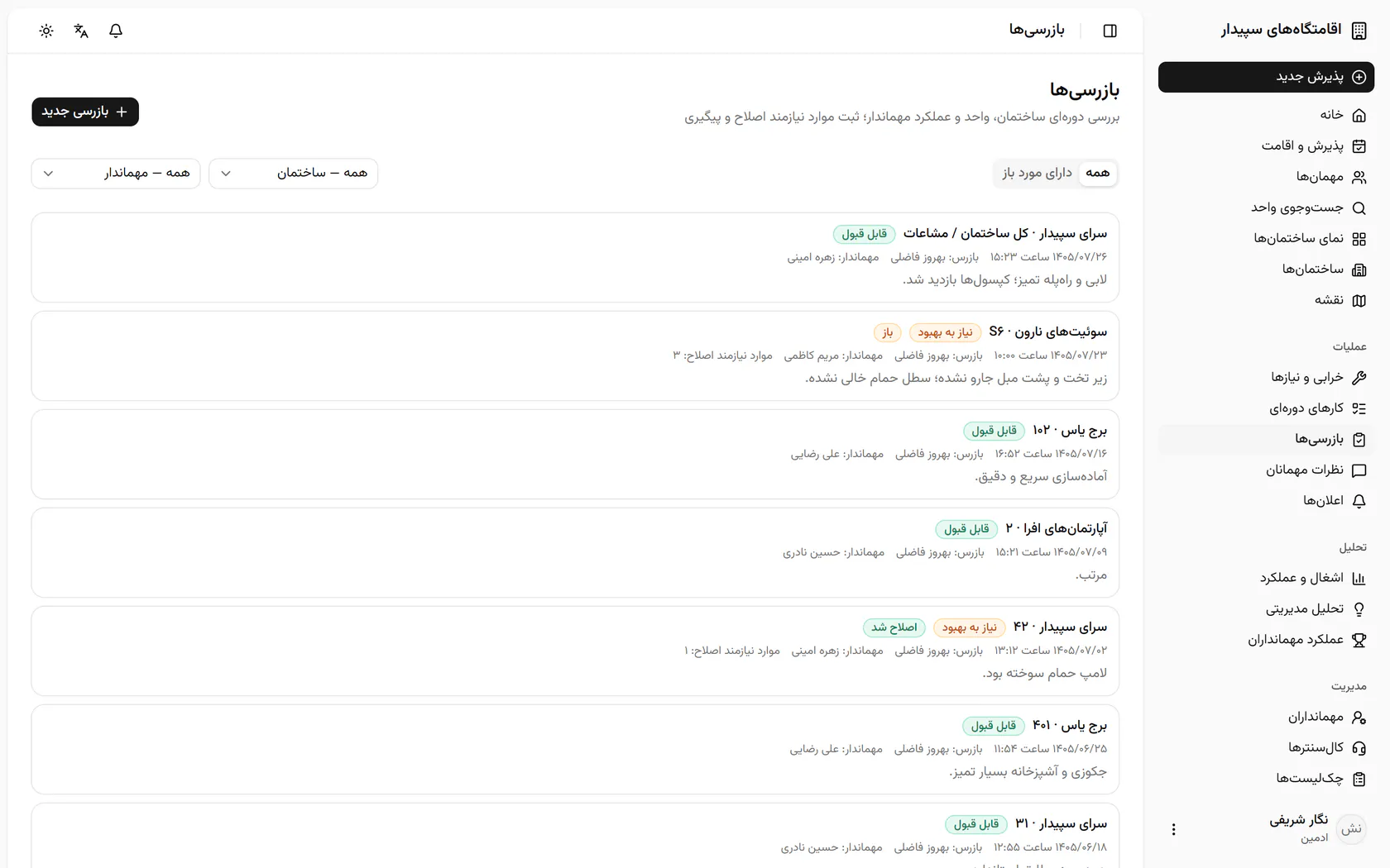 بازرسی سوئیت S6 نارون نیاز به بهبود دارد و موارد باز دارد؛ آن را باز کنید.