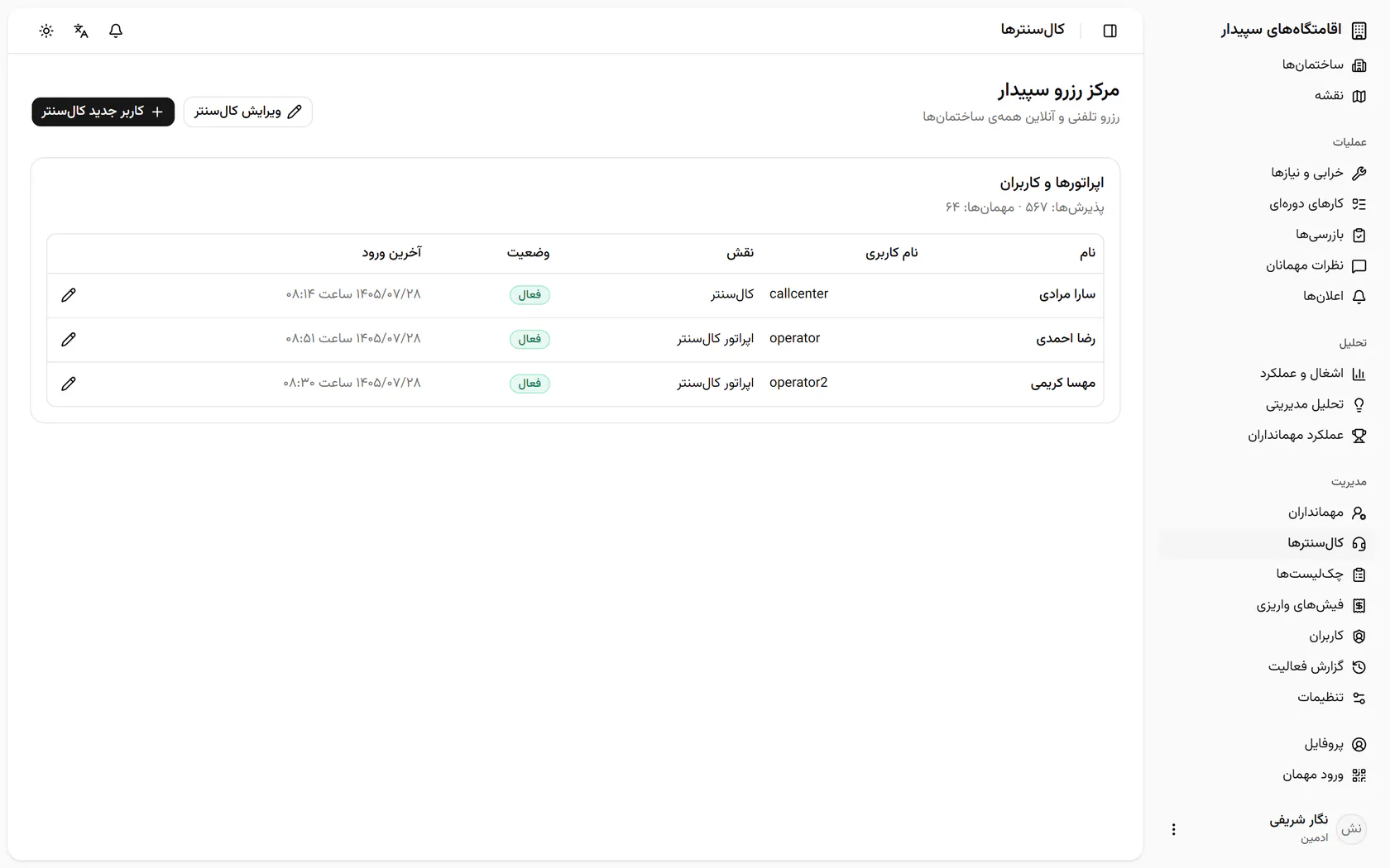 اپراتورها و مدیر کالسنتر با نقش و آخرین ورودشان اینجا هستند؛ سپس «کاربران» را باز کنید.