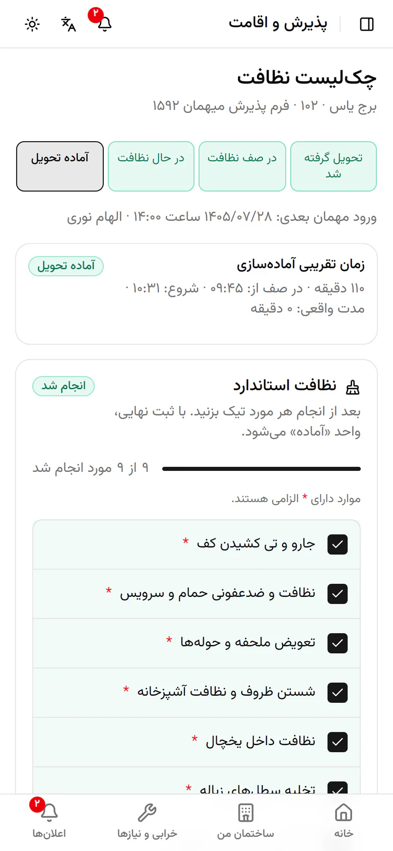 واحد حالا آمادهی تحویل است و مدت واقعی نظافت هم ثبت شد.